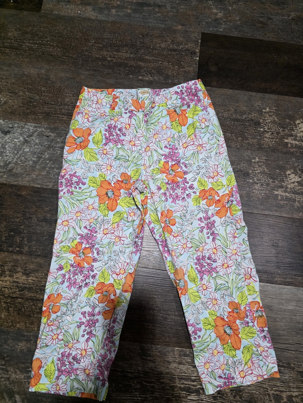 Talbots White Floral Cropped Pants with Orange, Pink & Green Print